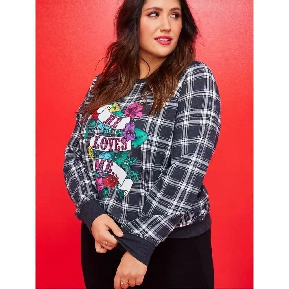 Torrid X BETSEY JOHNSON HE LOVES ME RAGLAN SWEATSHIRT COZY FLEECE PLAID